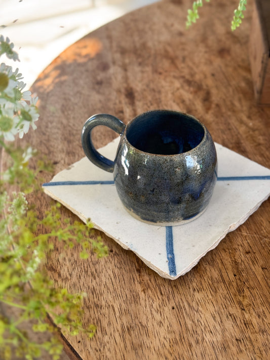Vintage Studio Pottery Blue Drip Glaze Flat White Cup