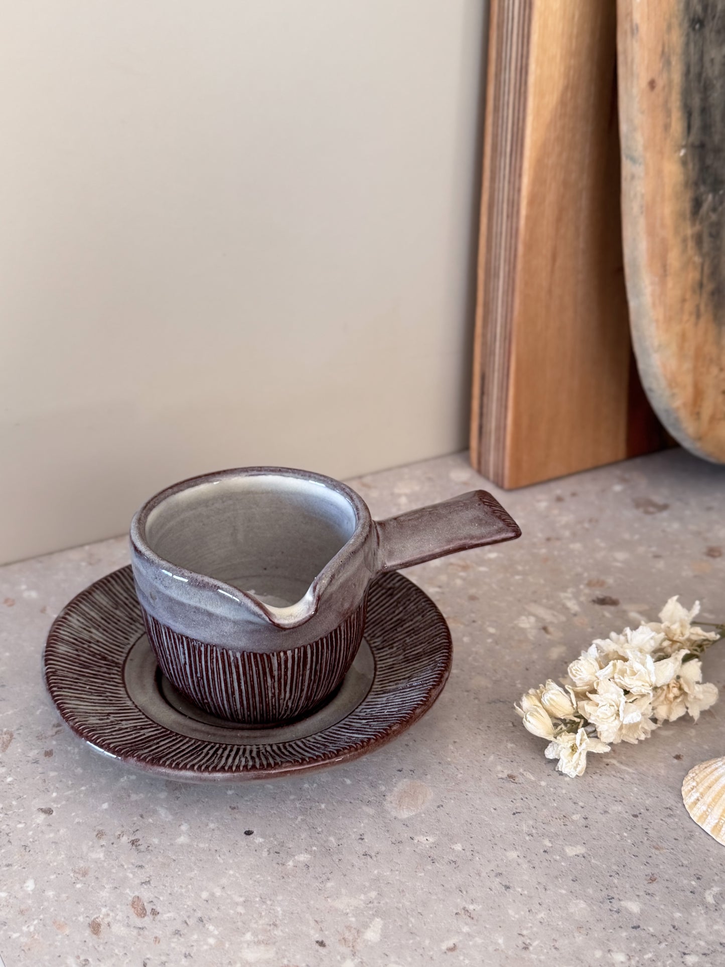 Vintage 1960s/70s Welsh Studio Pottery Sauce Jug & Saucer,
By Creigiau Pottery, Cardiff (Reg & Jean Southcliffe)