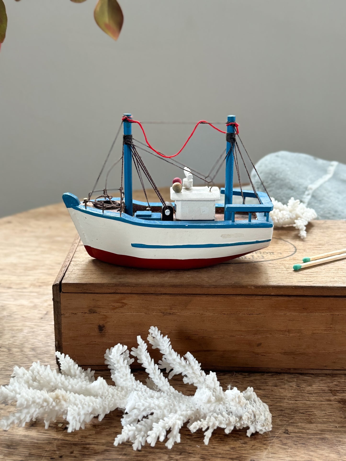 Vintage Handmade & Hand-Painted Wooden Fishing Boat