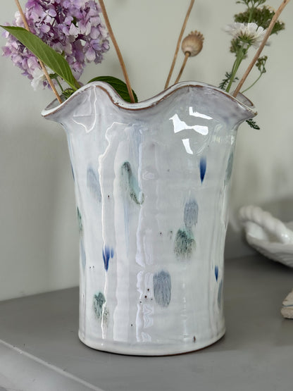 Large Studio Pottery Scalloped Vase with Painterly Blue Glaze