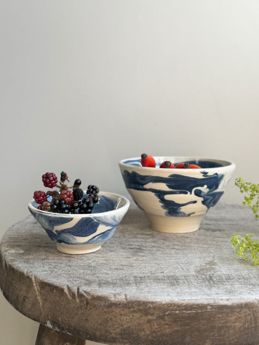 Pair of Studio Pottery Small Blue Marbled Bowls