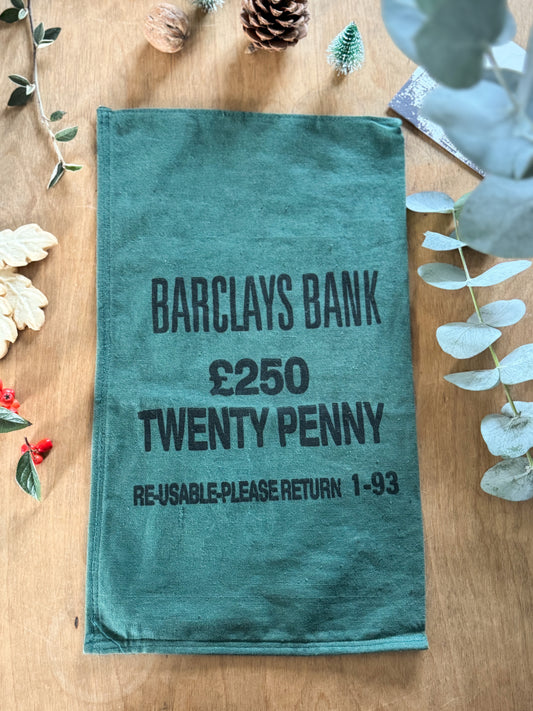 Vintage 1970s Barclays Bank Fabric Money Bag (Green) | Reusable Gift Bag | Stocking