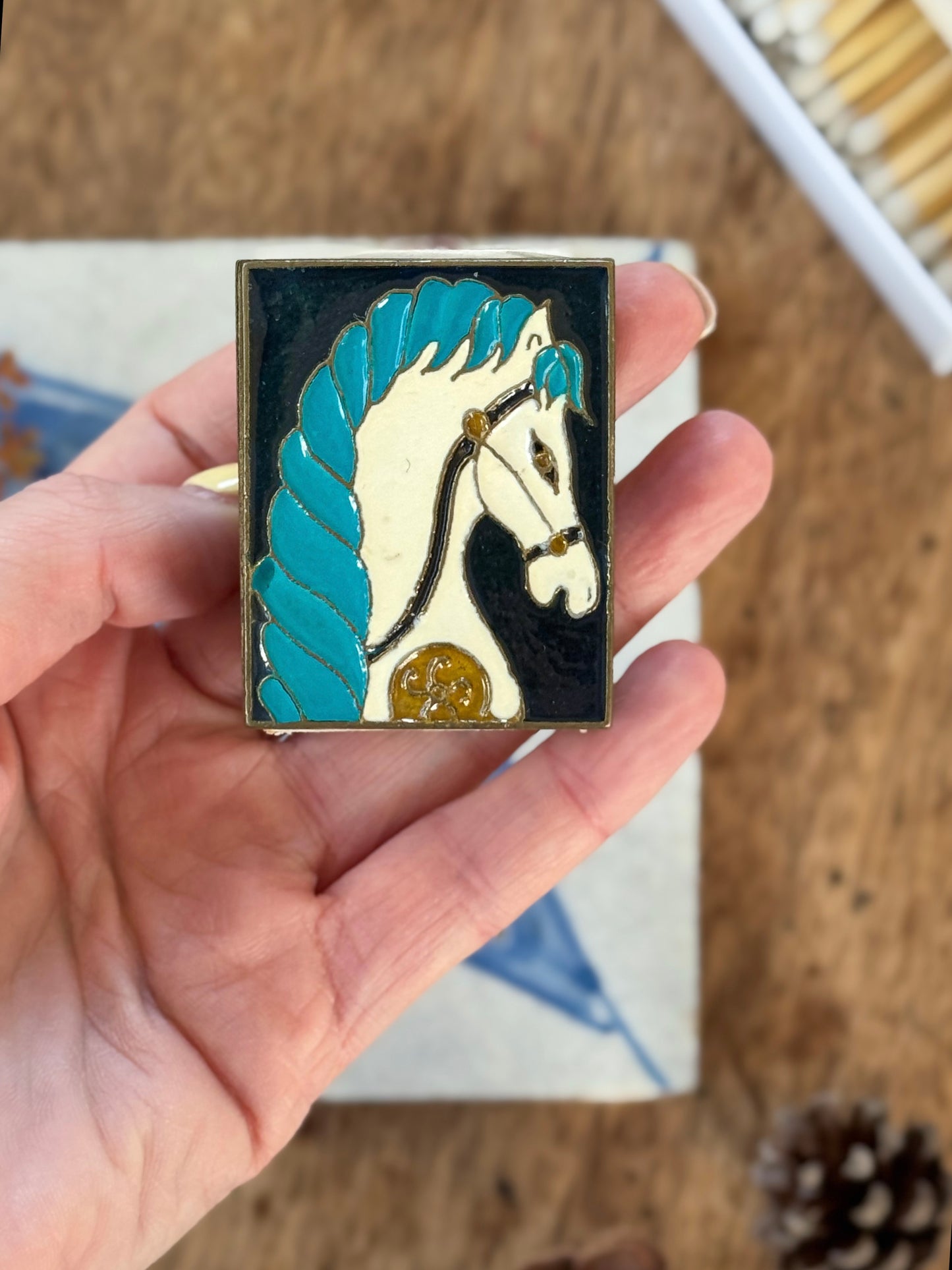 Vintage Brass & Enamel Horse Matchbox Cover (With Matches)