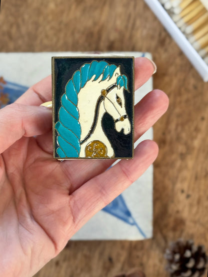 Vintage Brass & Enamel Horse Matchbox Cover (With Matches)