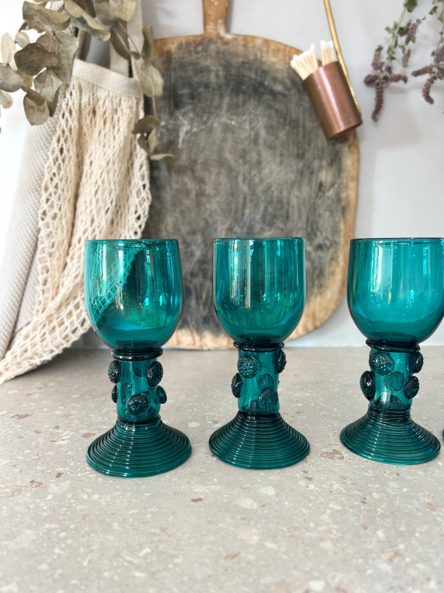 Antique c1820 German Rhenish  Römer Turquoise Wine Goblets (Set of 5)