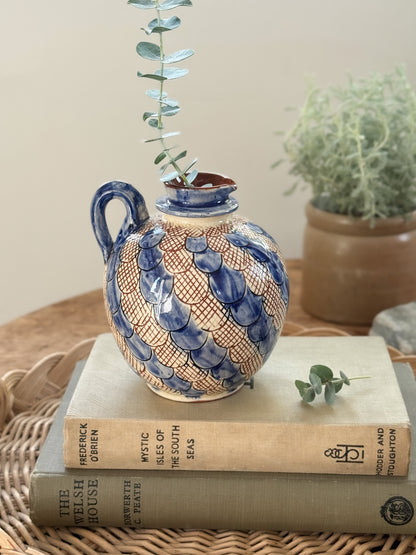 Vintage Glazed Blue Slipware Sculptural Jug