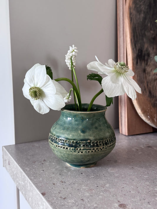 Vintage Studio Pottery Bud Vase, Green Glaze with Textured Band, Stamped
