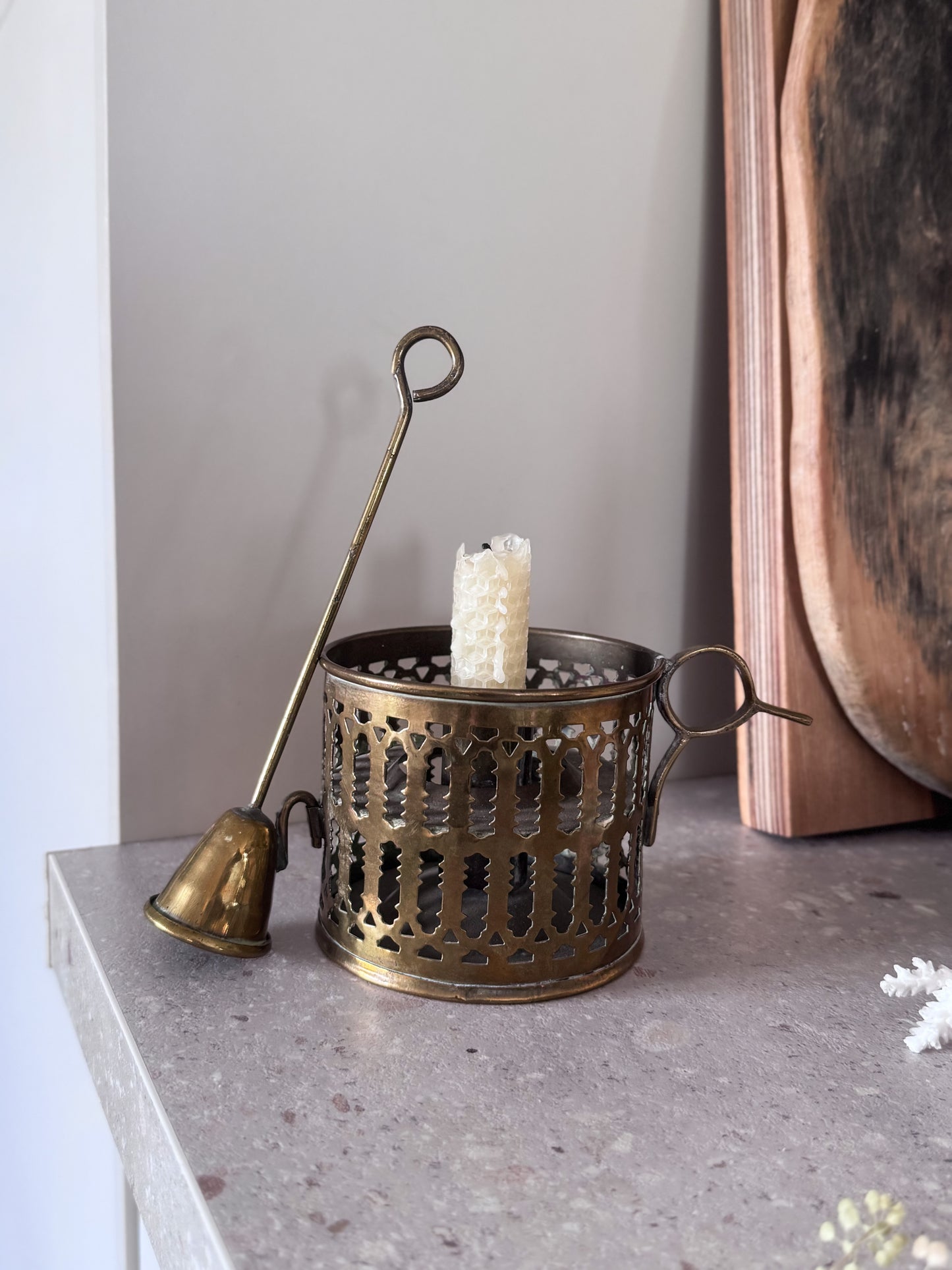 Antique Solid Brass Filigree Chamberstick with Snuffer