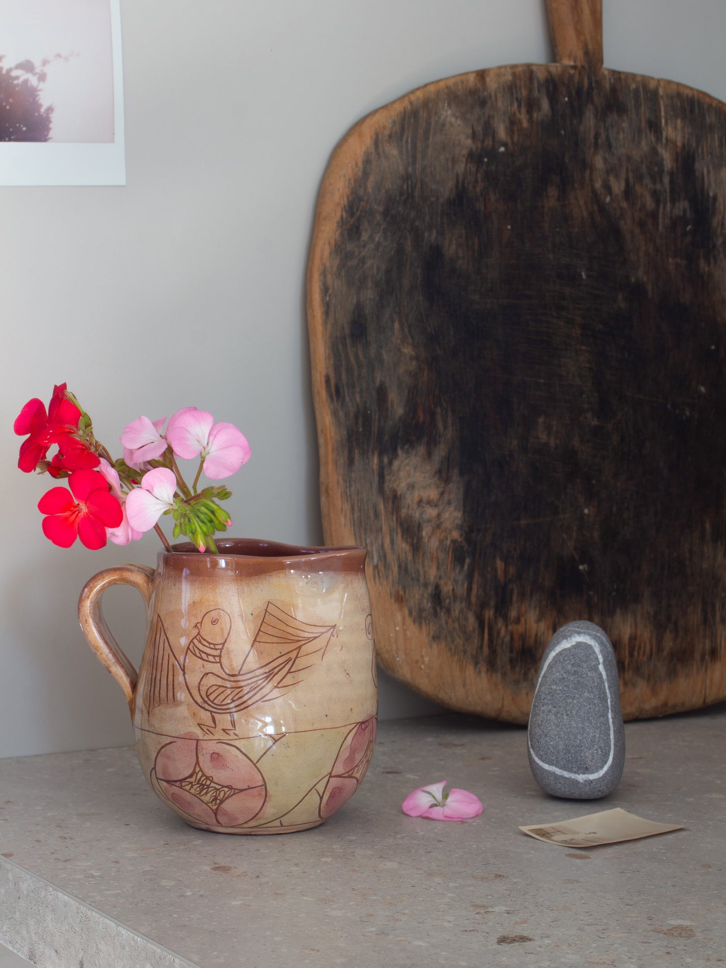 Vintage Mediterranean Studio Pottery Sgraffito Bird Jug