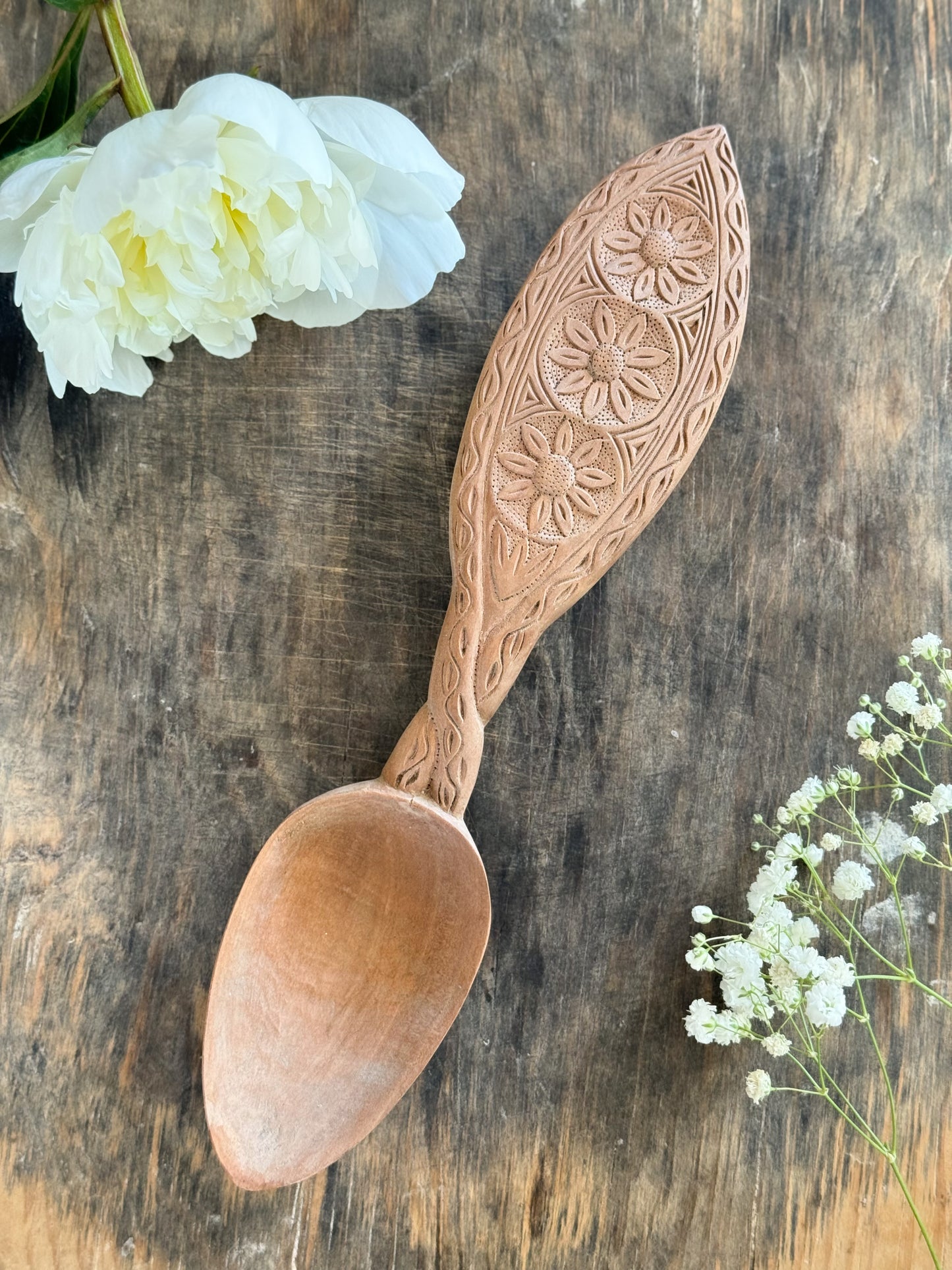 Hand-Carved Floral Wooden Spoon