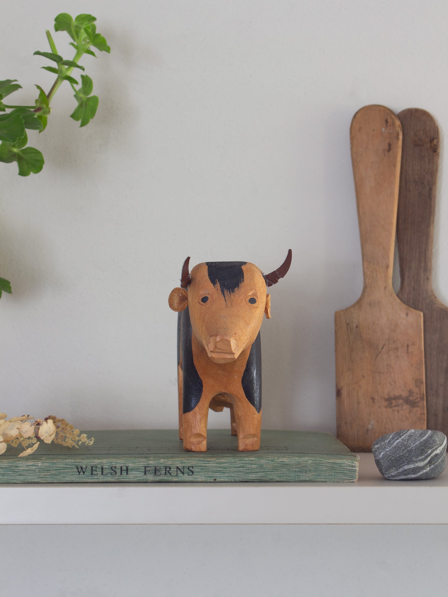 Vintage Hand-Carved & Handpainted Folk Art Wooden Cow