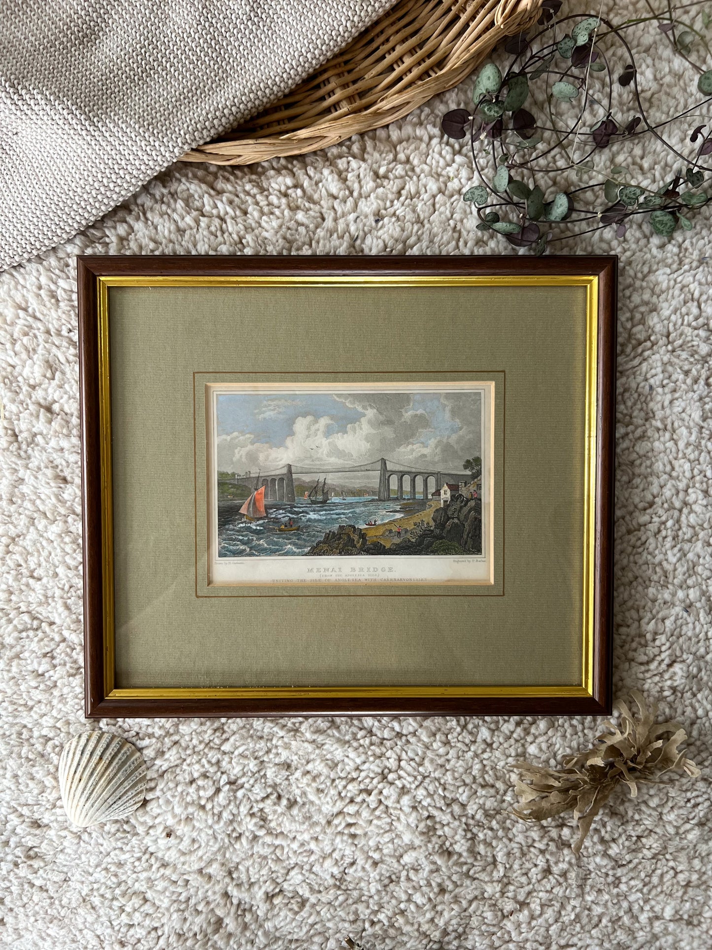 Antique Framed Engraving of Menai Bridge Drawn by H.Gastineau and Engraved by T.Barber