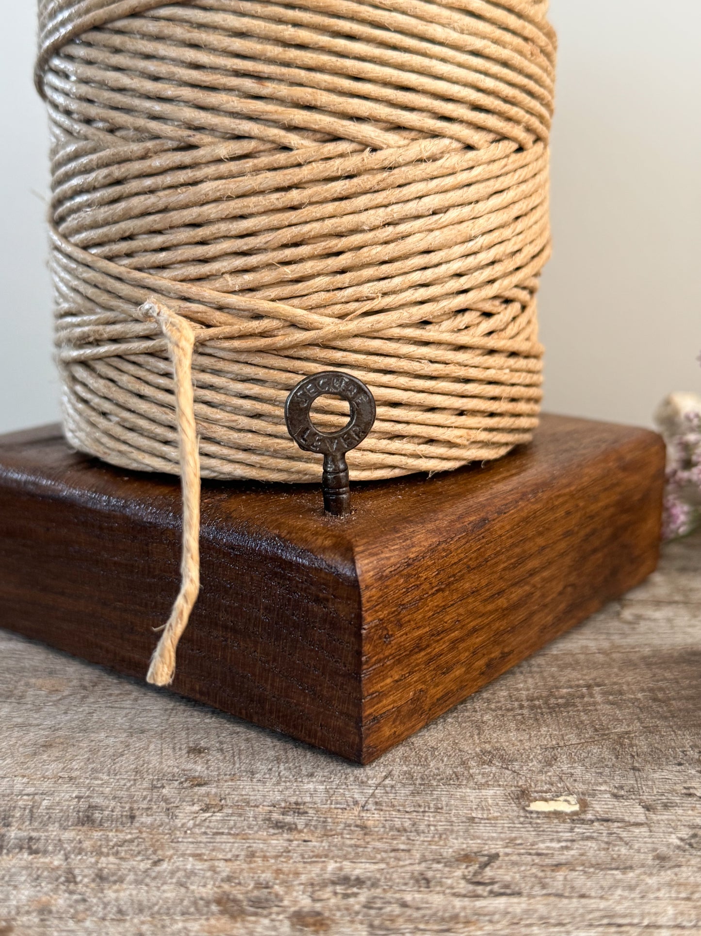 Handmade Wood and Iron Twine Stand with Antique Key & Upholsterer’s Thread