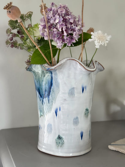 Large Studio Pottery Scalloped Vase with Painterly Blue Glaze