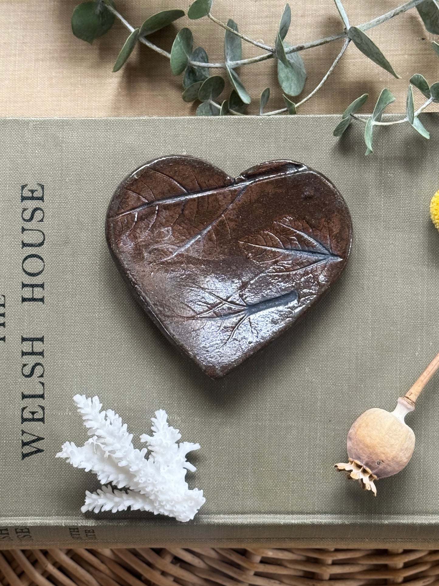 Studio Pottery Heart-Shaped Trinket Dish with Leaf Imprint by Hearth Pottery, Yorkshire