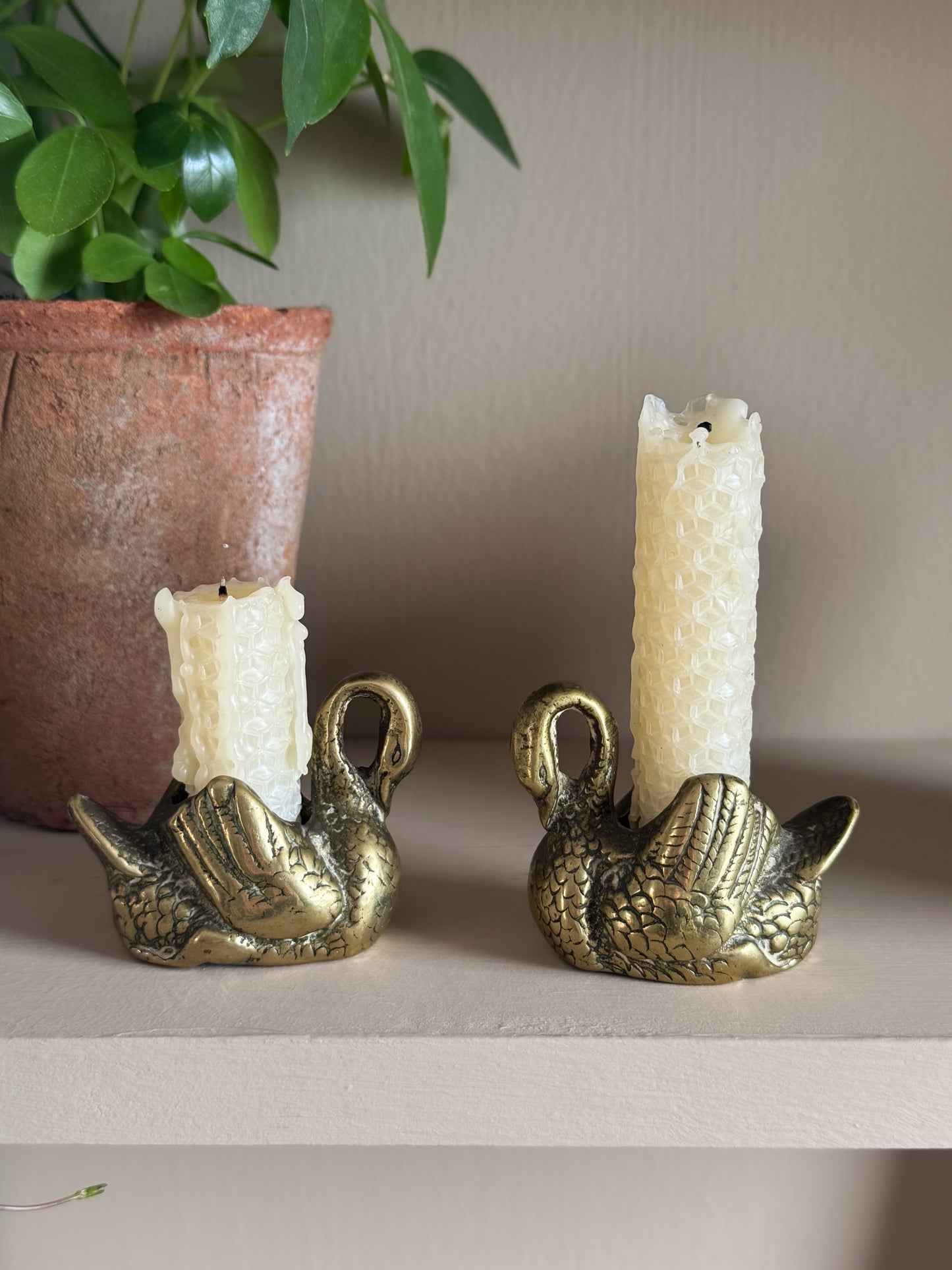 Vintage Solid Brass Swan Candle Holders / Match Pots