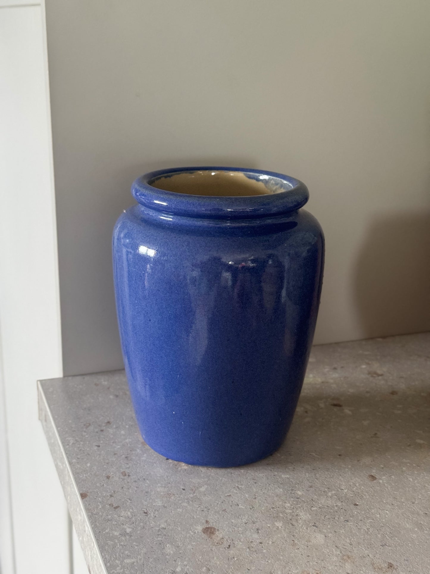 Antique Victorian Blue Glazed Stoneware Pot with Drip Glaze Interior