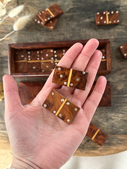 Vintage 1930s Handmade Walnut Wood with Mother of Pearl Inlay Dominoes Set