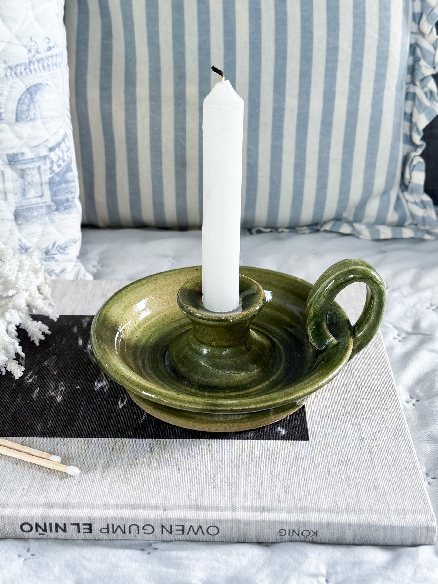 Vintage Large Olive Green Studio Pottery Chamberstick