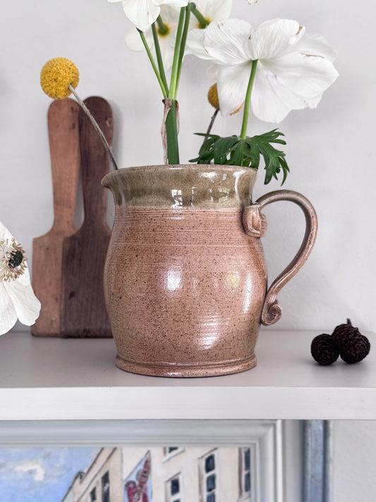 Vintage French Olive Green Salt Glaze Studio Pottage Jug