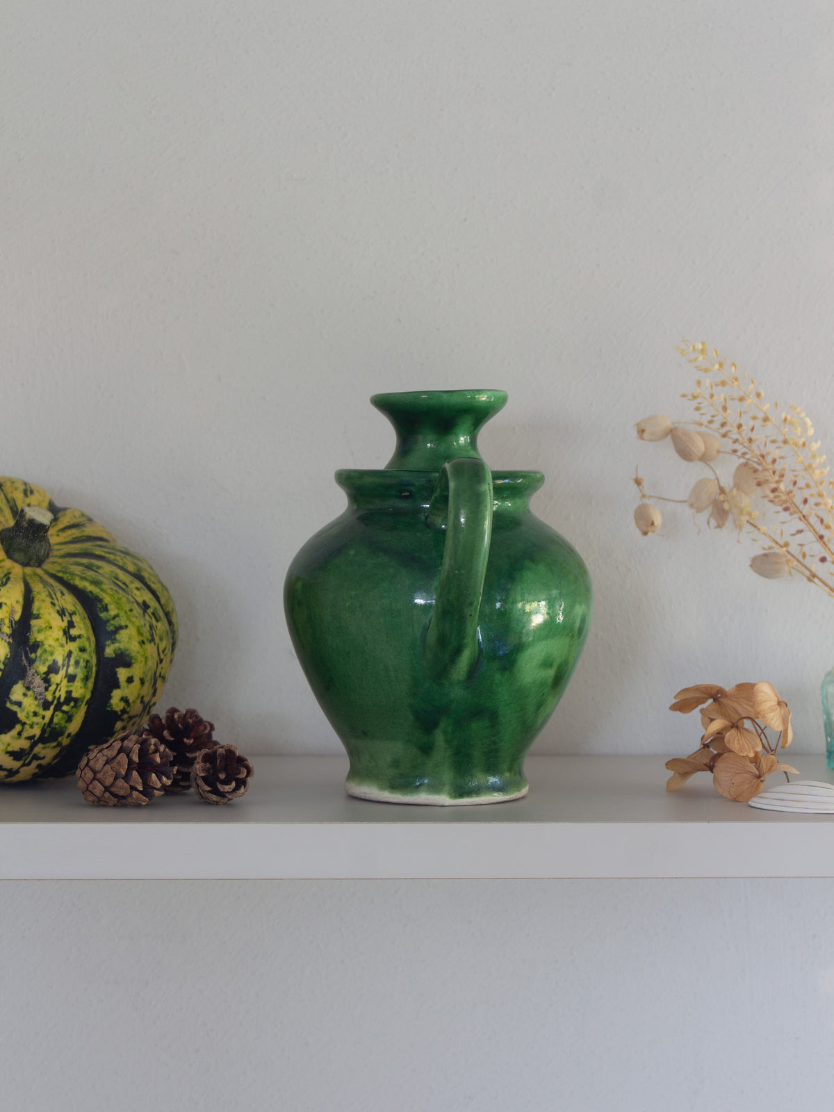 Vintage Handmade Mediterranean Green Glazed Pottery Olive Oil Jug