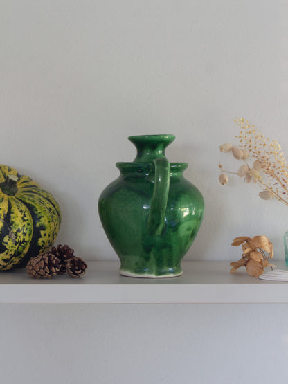 Vintage Handmade Mediterranean Green Glazed Pottery Olive Oil Jug