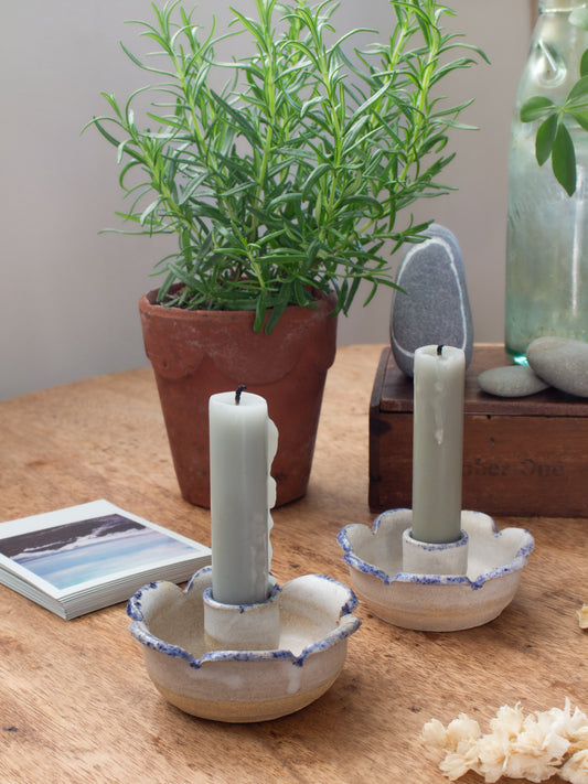Pair of Vintage Studio Pottery Scalloped Flower Candle Holders