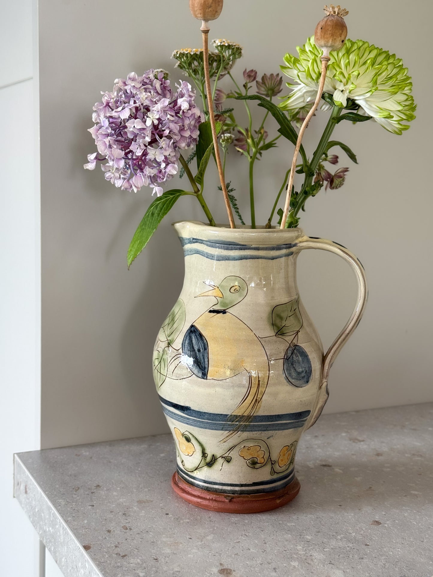Very Rare Vintage 1980s ‘Dove of Peace’ Slipware Jug by Paul Jackson, Helland Pottery, Cornwall