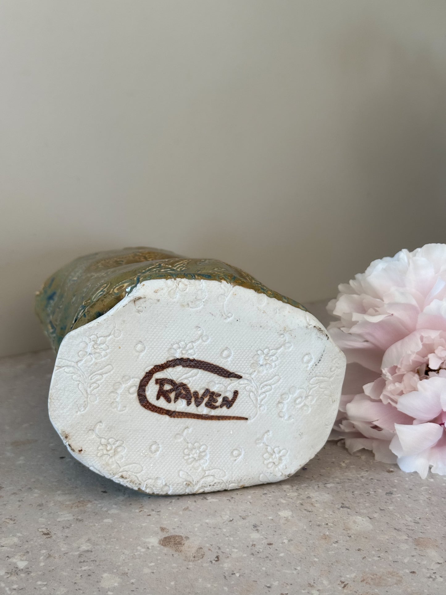 Incredible Studio Pottery Sculptural Vase with Impressed Floral Design, Signed C.Raven