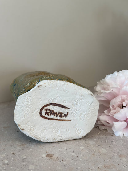 Incredible Studio Pottery Sculptural Vase with Impressed Floral Design, Signed C.Raven