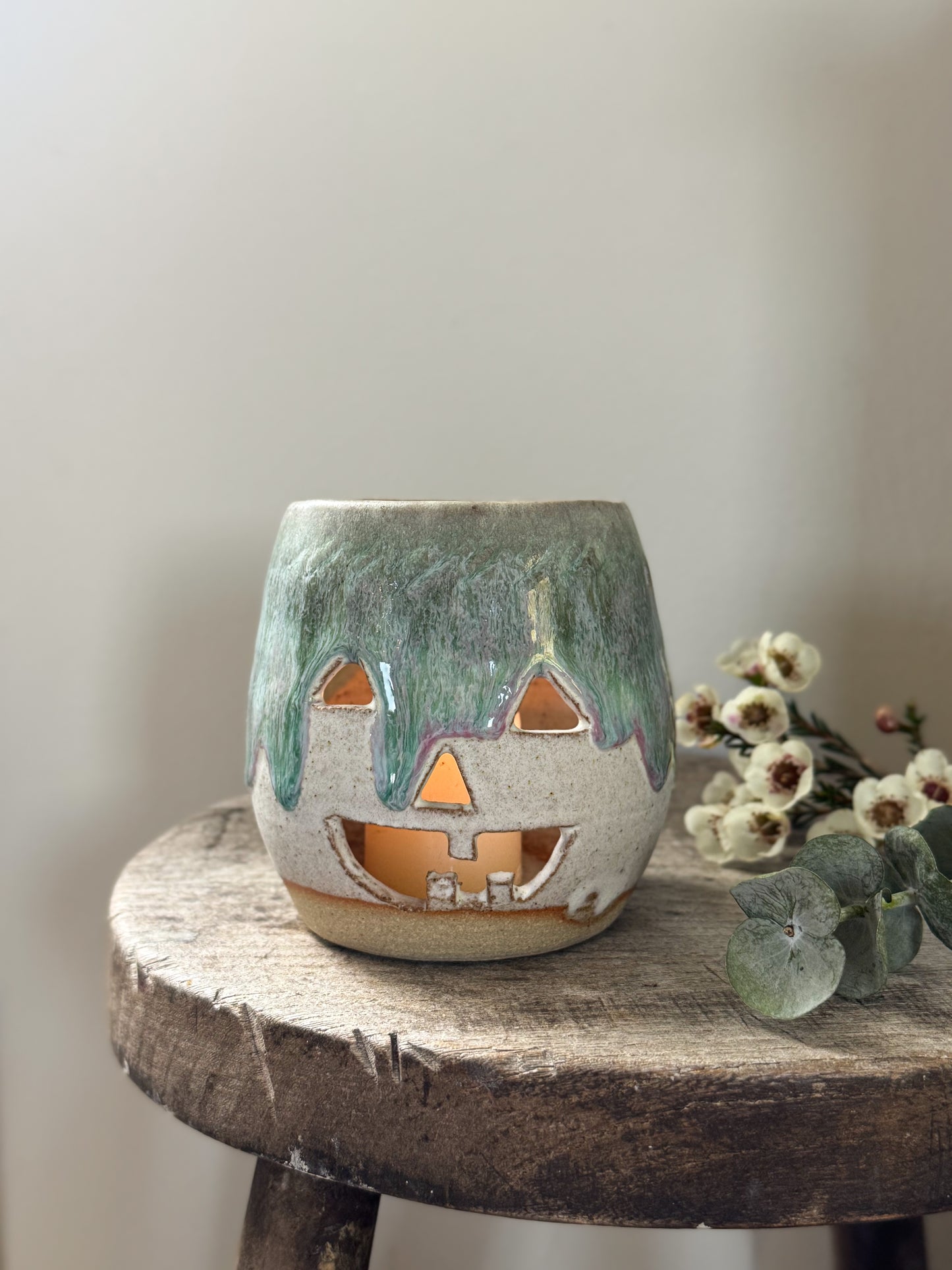 Lavendon Pottery Drip Glaze Pumpkin Candle Holder | Studio Pottery Jack-o’-Lantern