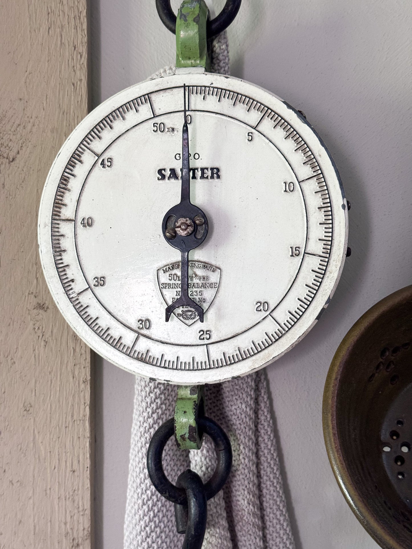 Vintage 1950s SALTER 235 Hanging Spring Balance Weighing Scale, 50lb Enamel Face • Green Chippy Paint