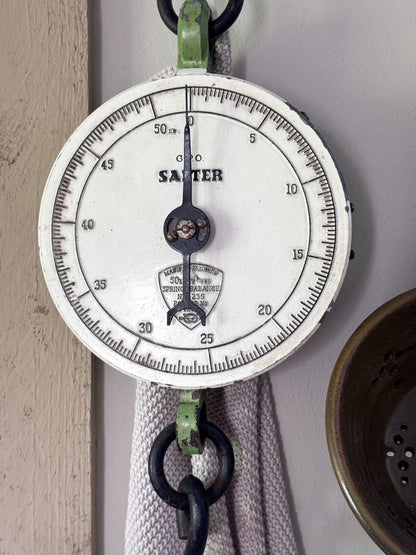 Vintage 1950s SALTER 235 Hanging Spring Balance Weighing Scale, 50lb Enamel Face • Green Chippy Paint