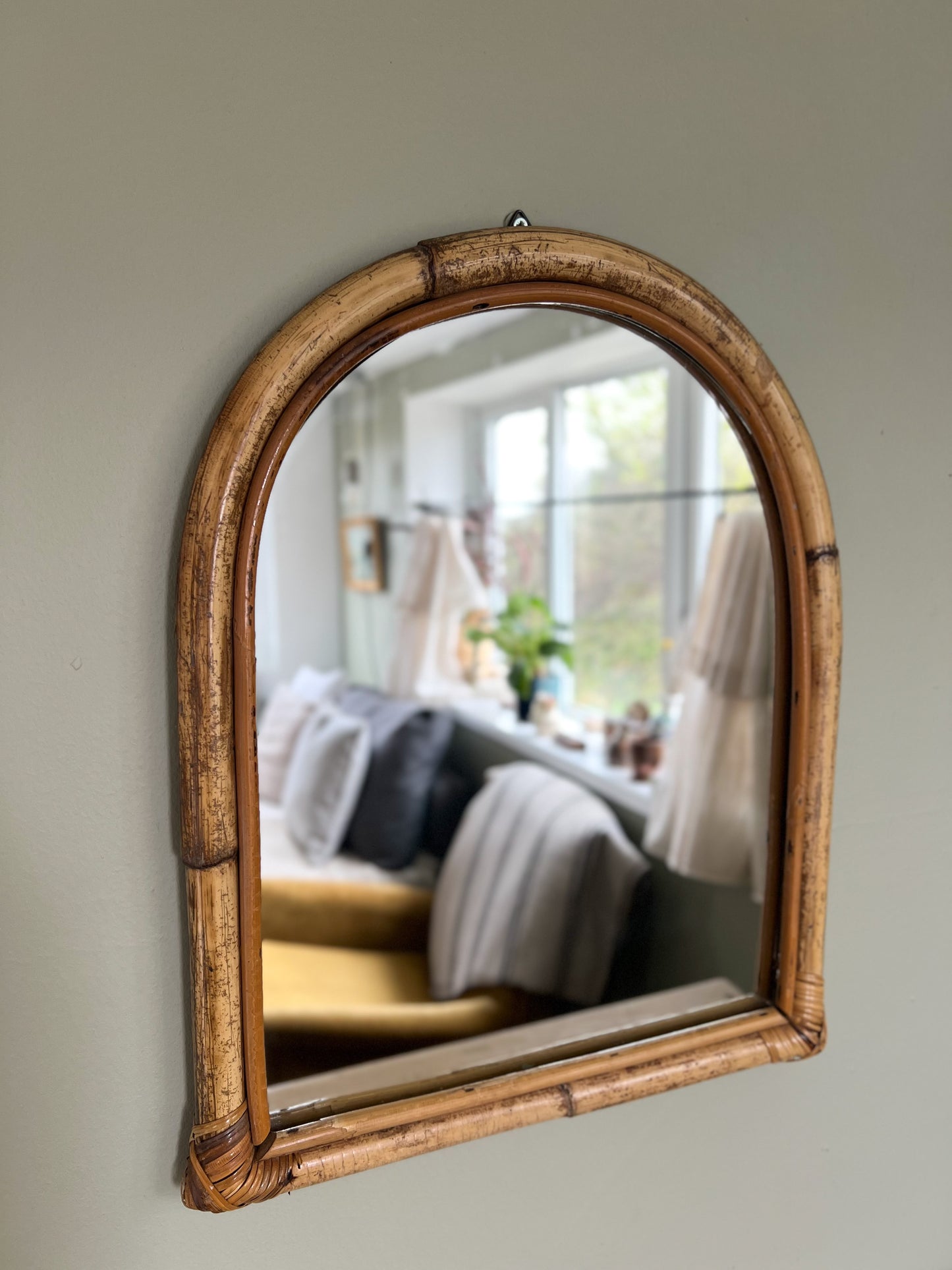 Midcentury Aged Bamboo Arched Mirror