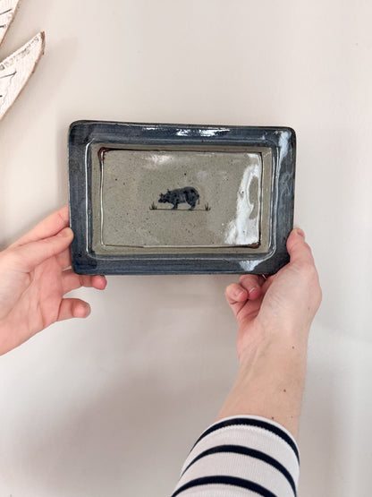Vintage Studio Pottery Speckled Blue & Grey ‘Little Grazing Cow Wall Plate’