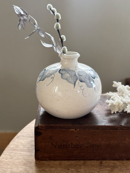 Vintage Studio Pottery Ink-Bottle Vase with Soft Blue Leaf Design