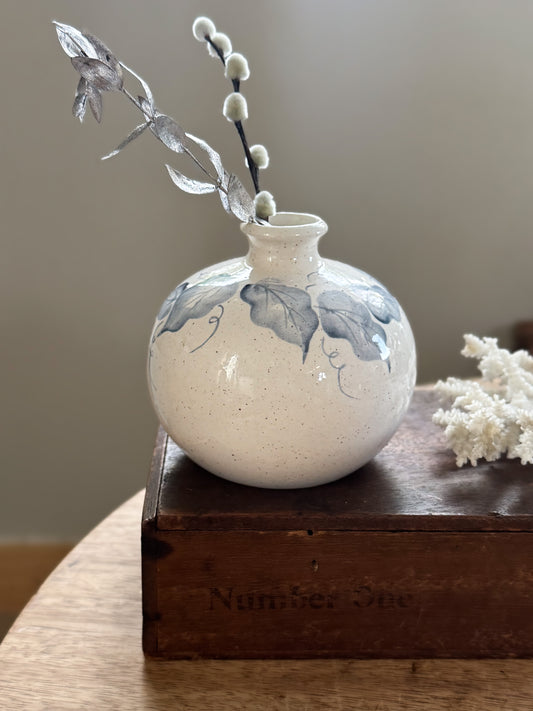 Vintage Studio Pottery Ink-Bottle Vase with Soft Blue Leaf Design