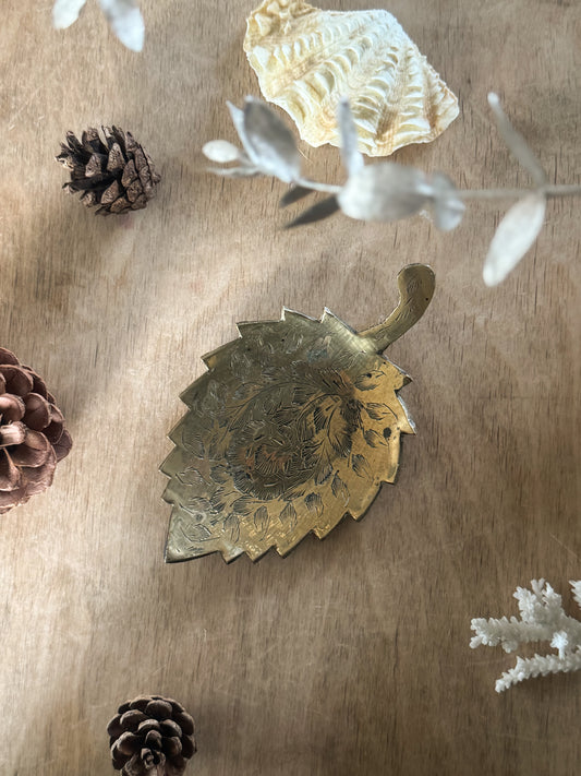 Vintage Solid Brass Etched Leaf Trinket Dish