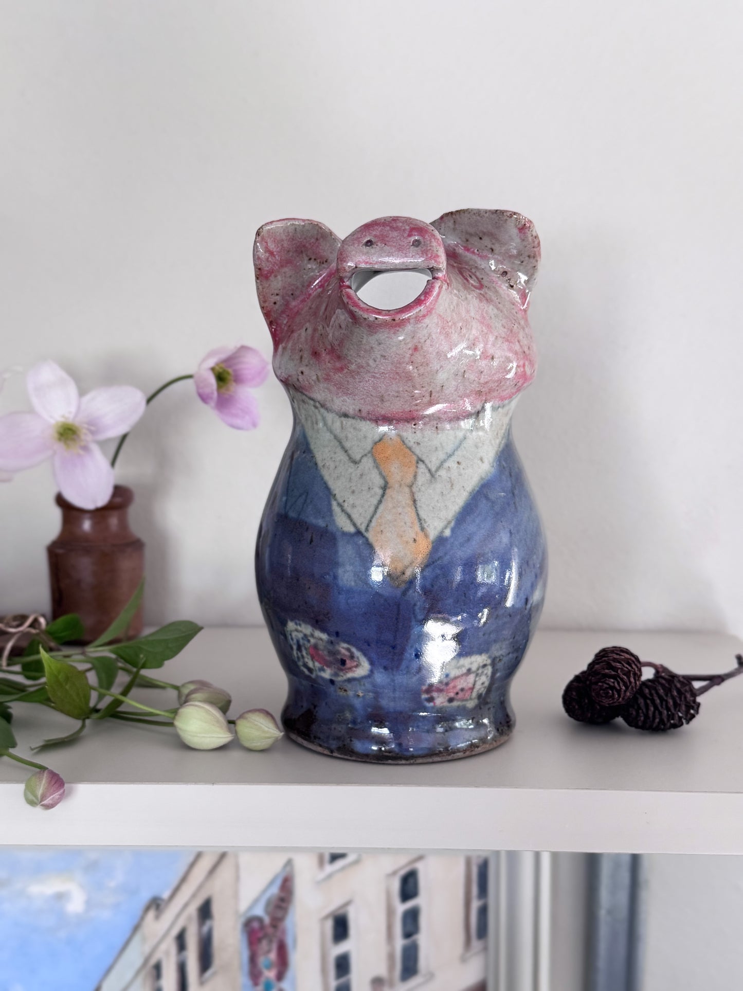 Very Rare Peter Arnold Studio Pottery Jug, Suited Pig Character, Alderney Pottery