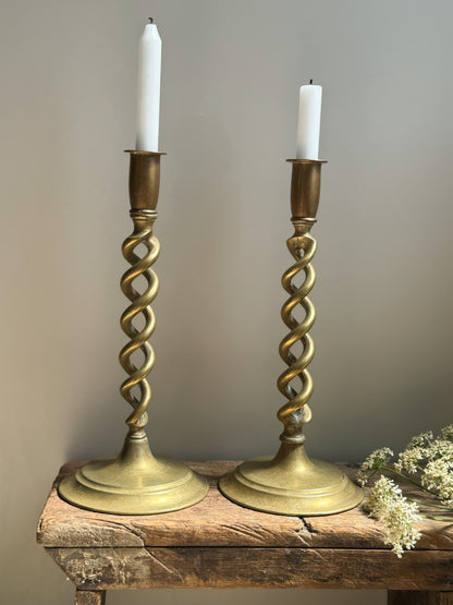 Pair of Antique Victorian Tall Solid Brass Barley Twist Candlesticks