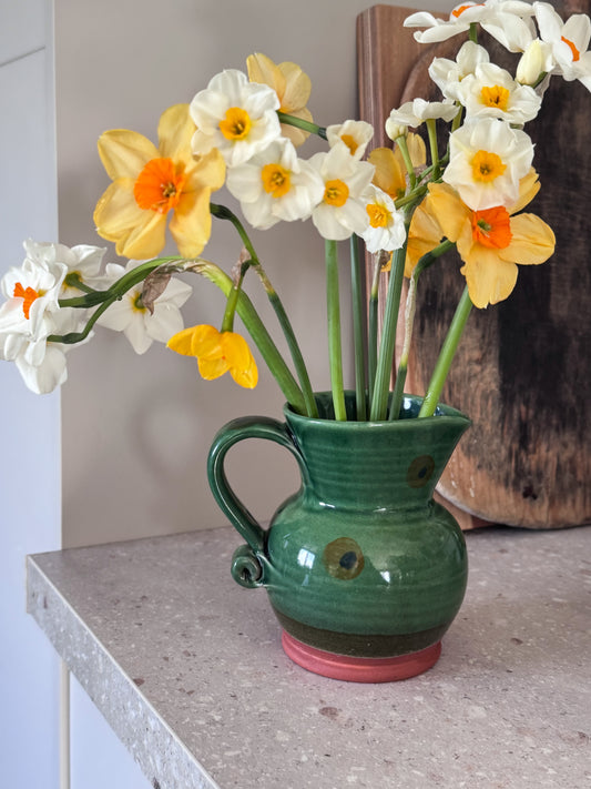 Vintage Welsh Studio Pottery Green Slipware Jug by Carol Wynne Morris, Conwy Pottery
