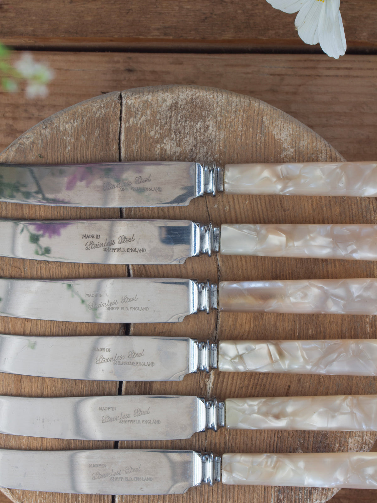 Vintage Sheffield Stainless Steel Butter Knives with Pearlescent Handles - Set of 6