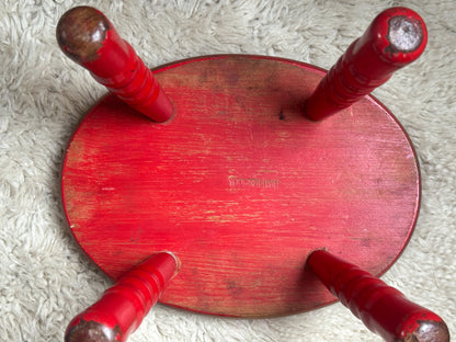 Vintage Midcentury Red Painted Handmade Wooden Stool - Made in Yugoslavia