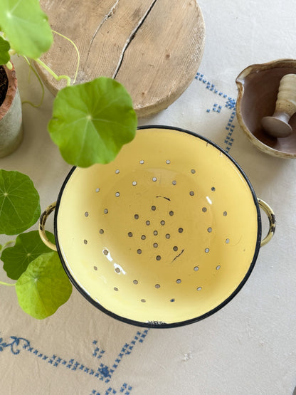 Vintage Soft Yellow Enamel Colander