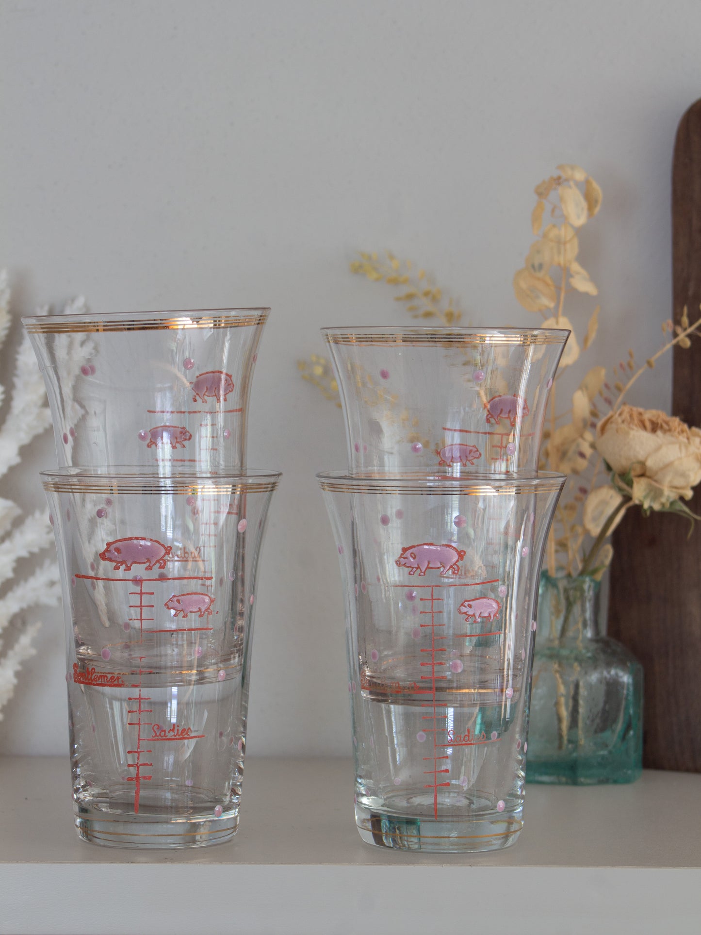 Vintage Midcentury Novelty Pig ‘Ladies & Gentleman’ Drinking Glasses - Set of 4