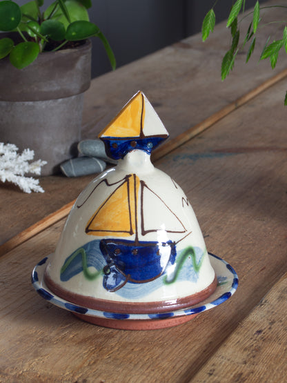 Incredible Vintage Studio Pottery Slipware Sailing Boat Butter Dish / Cheese Dome
