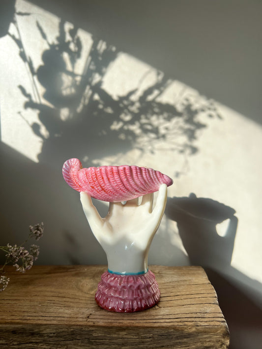 Antique Victorian Hand Holding Shell Salt Pot • Staffordshire Potteries c. 1860