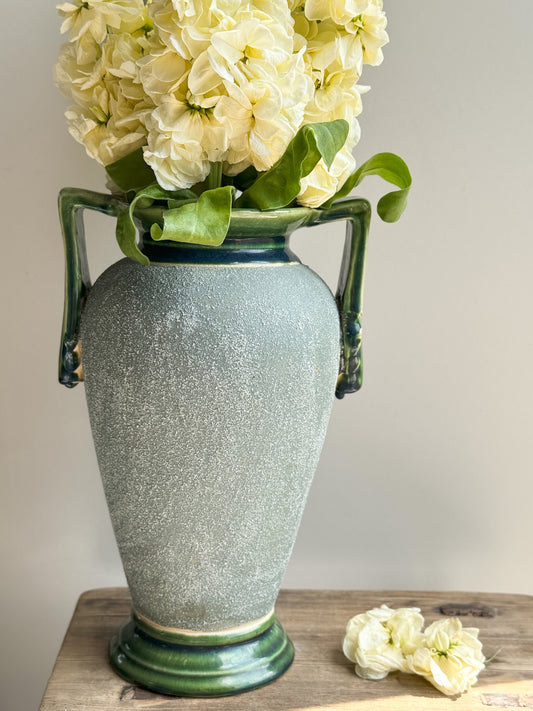 Large Art Deco Grey Sand Glaze Vase with Green Glazed Details