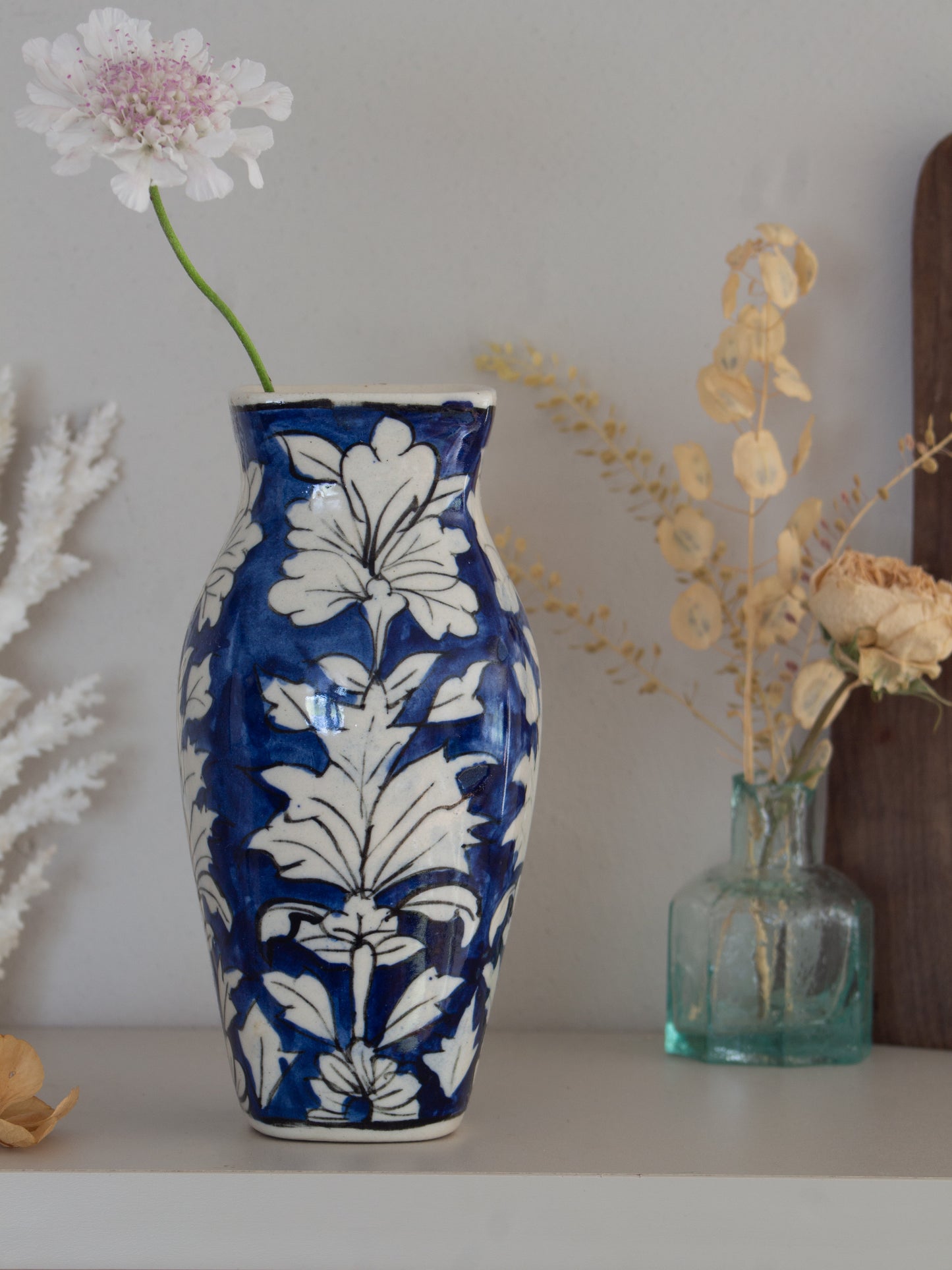 Vintage Handpainted Thai Pottery Blue & White Fan Motif Vase