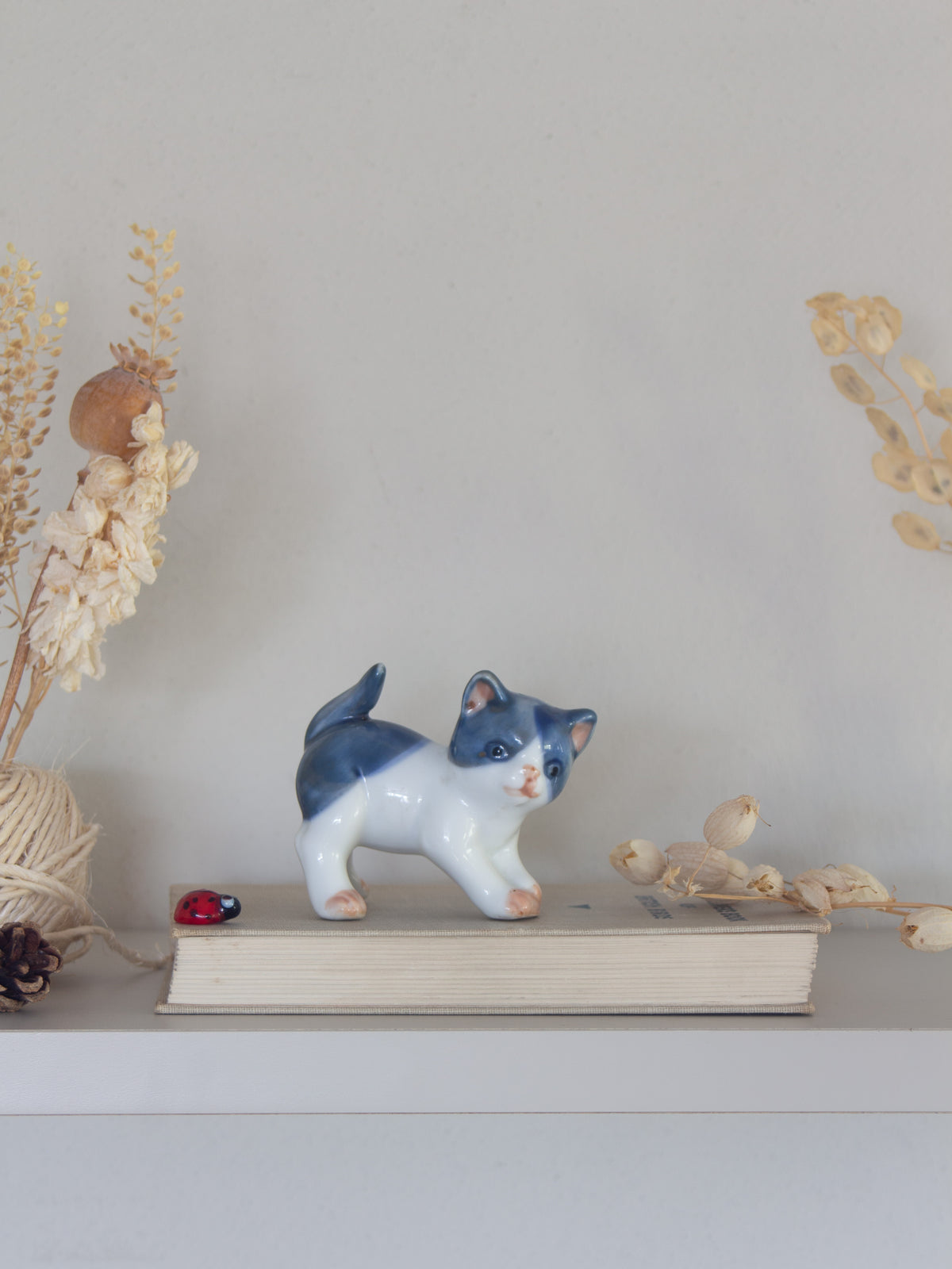 Vintage Miniature Hand-Painted Blue & White Porcelain Kitten Figurine